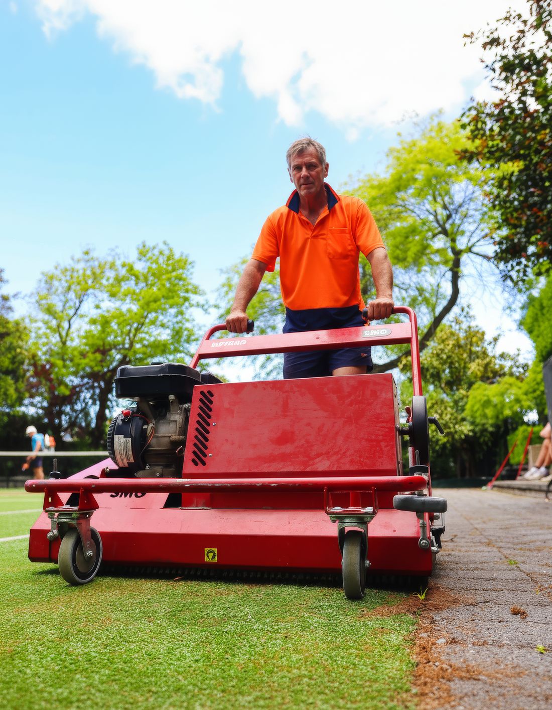CourtClean team member operating the walk-behind grooming machine